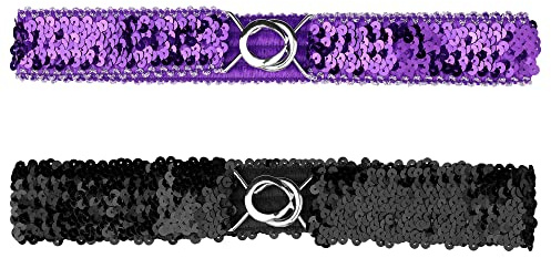 Allegra K Lot de 2 ceintures élastiques fines à paillettes pour femme, Côté argenté violet, 64cm/25.19