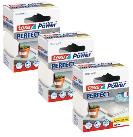 tesa extra Power Perfect Gewebeband im 3er Pack - Gewebeverstärktes Ductape zum Basteln, Reparieren, Befestigen, Verstärken und Beschriften - Weiß - 3x 2,75 m x 38 mm