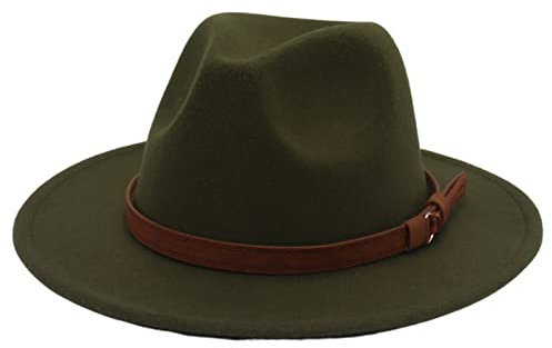Faringoto Fedora Hut Damen Wollfilz Vintage Kirche Damen Hut Unisex breite Krempe, armee-grün, M