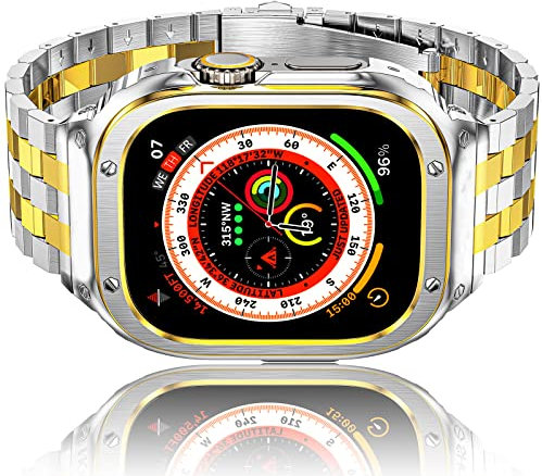 Amznew Cinturino per Apple Watch compatibile per iWatch Serie Ultra (49 mm), cinturino in acciaio inossidabile con custodia, cinturini in metallo per iWatch e cover protettiva per uomo, Argento/Oro