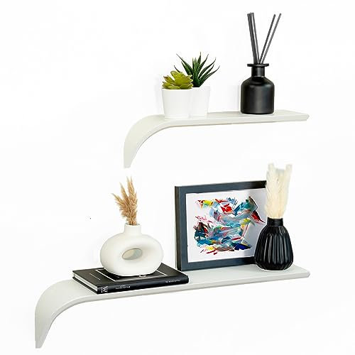 FM Curvati Mensole Bianche di Design in Legno, Set 2 Mensole Effetto Sospeso Stile Moderno da Parete (Curva Sinistra, Bianco)