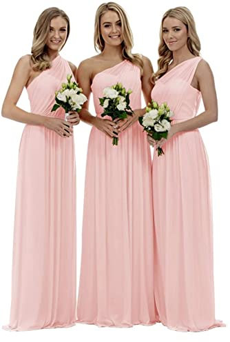 KURFACE Abito da damigella d'onore da donna monospalla senza maniche lungo in chiffon formale abito da sera, Rosa cipria, 44
