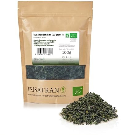 FRISAFRAN | Té Verde Gunpowder Menta Ecológica Granel 100g | Antioxidante | té verde japonés | Digestivo | saludable | bebida refrescante | Infusión de menta | té puro | Hojas de Menta | caliente-frio