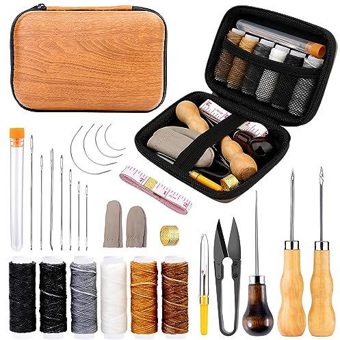 JUAYING 27 Piece Leather Sewing kit, Including Sewing Thread and Needle, awl, and Thimble, Suitable for Beginners in Leather Craftsmanship DIY Sewing kit, brown