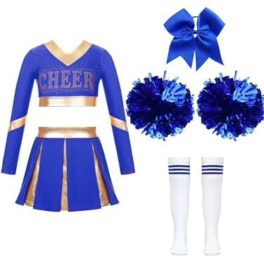 Hedmy Mädchen Cheerleading Kostüm Kinder 2Tlg Langarm Crop Tops mit Rock Pompoms Socken Karneval Fasching Party Verkleidung