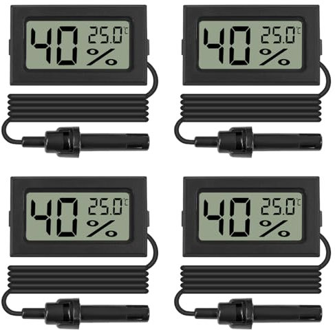 4PCS Mini Digital Thermometer Hygrometer Temperatur Luftfeuchtigkeit Monitor mit externen Fühler LCD Monitor Indoor Outdoor Messgerät für Auto Gewächshaus Haus Büro Wohnzimmer -schwarz
