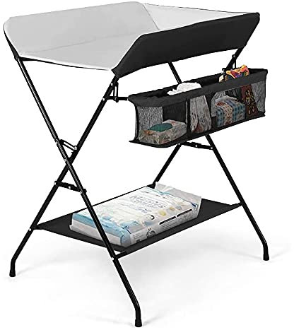 Belfoyer Wickeltisch Klappbar, Mobiler Wickeltisch, mit Ablagfläche, Wickelkommode für Babys Kleinkinder, platzsparend und tragbar(Schwarz + weiß)