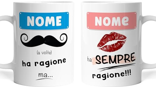 Caribu design Coppia di 2 Tazze Personalizzate per San Valentino Lui Lei ha Sempre Ragione - Idea Regalo Divertente Fidanzato Fidanzata Marito Moglie - Mug Personalizzabili con Nome Uomo e Donna