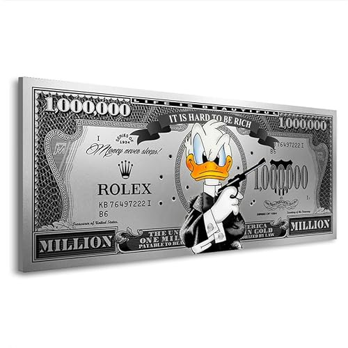 Kunstgestalten24 Donald Duck Bond Dollar Silver Style Pop Art Leinwandbild | Kunstdruck | Wanddeko | Street Art | Gemälde | Comic Bilder | Wandbild Leinwand Modern 125x50x4cm