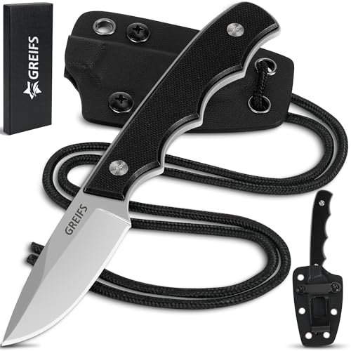 GREIFS® Neck Knife Messer NEXUS mit Kydex Scheide, Clip+Paracord zum Umhängen oder Einstecken, Tactical Survival EDC Outdoor Messer versteckt Tragen - Legal in Deutschland - 42a konform (Silver-Black)