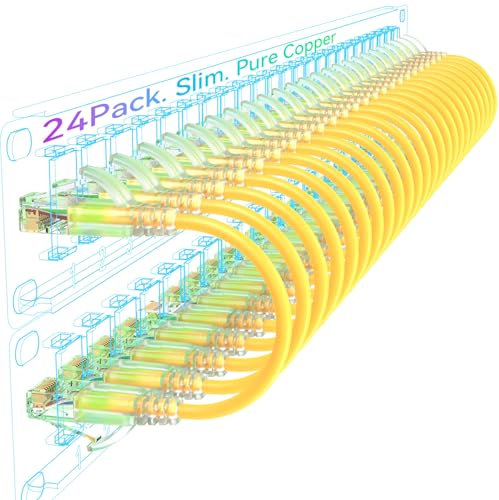 Sokqovt Cat6a Slim Ethernet Patch Cable 3ft (24 Pack), Flexible 10G 550MHZ, 28AWG Pure Copper for Network Cabinet, Cat 6 Yellow