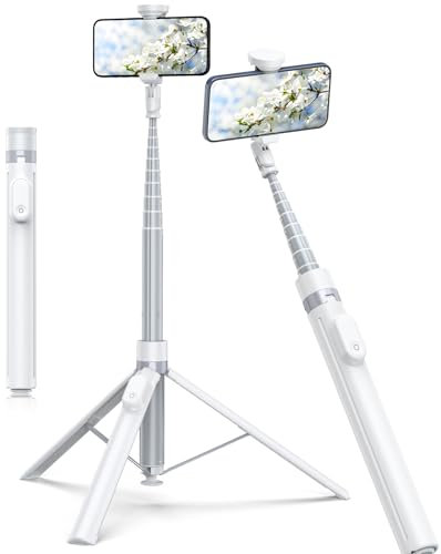 TONEOF 180cm Automática Palo Selfie Trípode, Tripode para Movil con Control Remoto Magnético Recargable,Soporte Movil Giratorio de 2 Eje de 360°,Trípode Estable para iPhone/Android-Blanco
