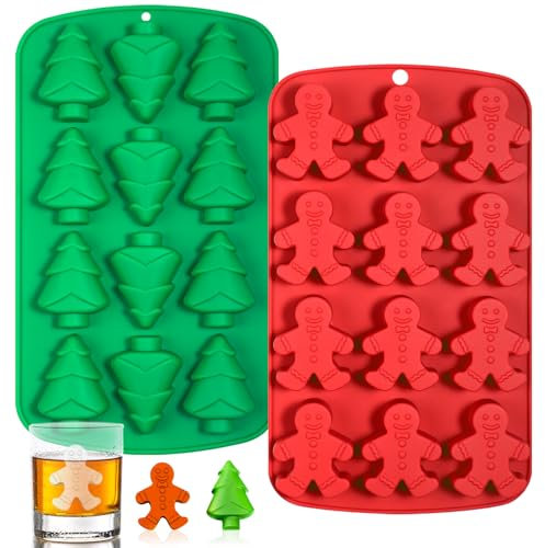 Kamehame Christmas Ice Cube Moulds Silicone 2 PCS 12 Cavity Christmas Tree Ice Cube Tray Gingerbread Man Mould Chocolate Moulds Christmas Ice Cube Trays for Christmas Ice Cube, Chocolate, Wax Melt
