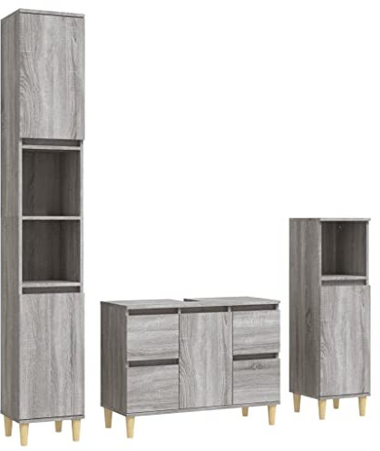 Willood 3-TLG. Badmöbel Set Badezimmerschrank Badezimmermöbel Holzfüße Grau Sonoma Holzwerkstoff