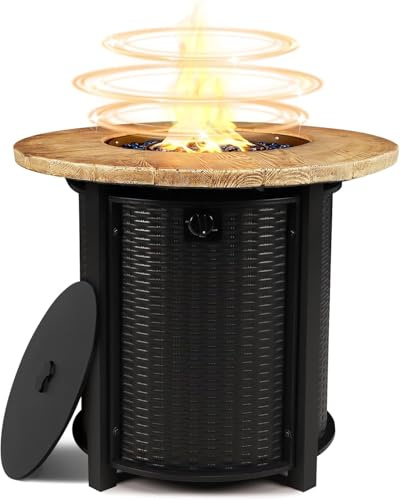 lovamsal Brasero rond au propane de 76,2 cm, 50 000 BTU avec couvercle, systèmes d'allumage, avec pierres en verre et housse de pluie, table de foyer d'extérieur pour terrasse et terrasse