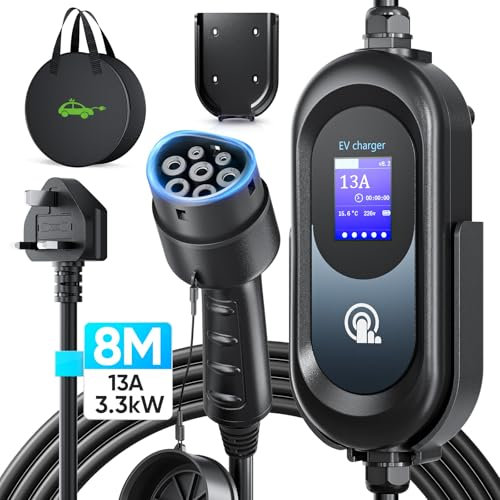 EV Charger Cable Type 2 to 3 Pin Plug 8M, 3.3kW [6/8/10/13A] 3 Pin EV Charger Electric Car Charger, Type 2 Charging Cable 3 Pin with 2.4″ LED Screen Timing Delay IP67/IP54 for EVs & PHEVs