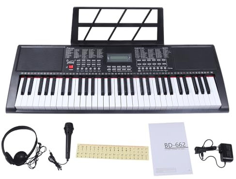 LEADZM Clavier Piano 61 Touches, Piano Numérique avec Support de Clavier, Banc de Piano, Pupitre, Casque, Microphone, Écran LED, 3 Modes D'apprentissage pour Débutants (Single)