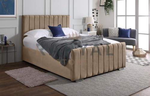 Rapyal Velvet Upholstered Panel Bedframe with Optional Ottoman Storage – Modern Design, Multiple Sizes & Colours (Beige, Double, With Ottoman Storage)