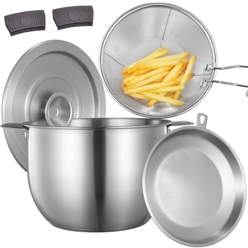 Deep Fryer Pot with Basket Lid and Strainer Stainless Steel Stove Top Fryer Versatile Oil Filter Pot with Handle Jumbo Bacon Grease Saver Container oil drippings lard ghee oil 1 Gall / 4Qt / 3.8 Lt