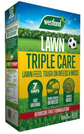 Westland Triple Care - All-in-One Lawn Feed, Weed & Moss Killer - Provides Fast Greening, Kills Weeds, & Controls Moss - Ideal for Lush, Healthy Lawns -Easy to Apply (160m2)