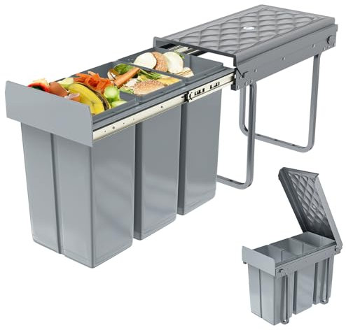 YUENFONG Einbaumülleimer 3 Fächer 3x10 Liter, Unterschrank Abfallsammler Mülleimer mit Teleskopschienen Ausziehbarer Mülltrennsystem Abfalleimer, 48 x 26 x 41,8cm