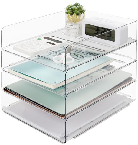 Aevcvok 4 Bandejas Oficina Apilables, Transparente Pet Bandeja Escritorio, Bandejas Plastico, Bandeja Portadocumentos, Organizador para Documentos, Folios, Papeles, Material de Oficina