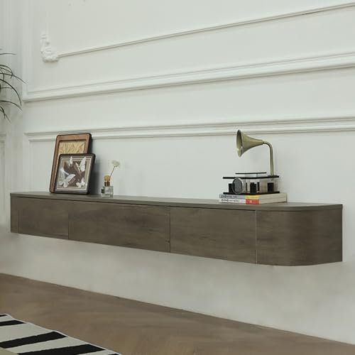 XDXINY Floating TV cabinet with drawers with threading holes, TV media console, large solid wood storage TV station, under TV bench, no assembly required (Walnut, 140CM/55.1IN)