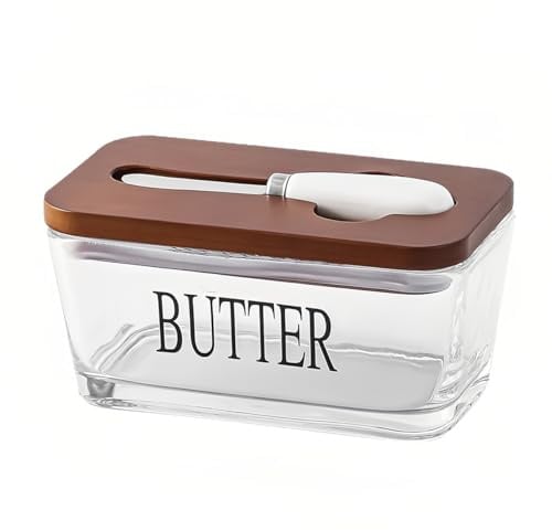 LiangYuanZen Große Glas-Butterdose mit Holzdeckel und Buttermesser, 250 g Butter, Butterglocke für Haushalt & Küche
