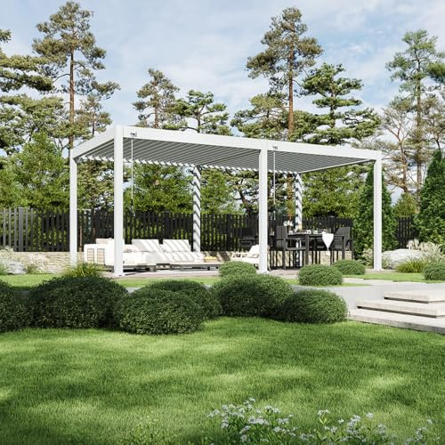 Weide Classic Aluminium Pergola 3x6 m Weiss freistehend | Witterungsbeständiger Pavillon mit verstellbarem Lamellendach, Handkurbel & Wasserablauf für Garten & Terrasse in Weiss.
