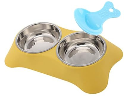 Double Dog Bowl,Non Slip Non-spill Stainless Steel Double Bowl with 1 Pet Food Spoop For Small Dogs and Cats (Yellow, S)