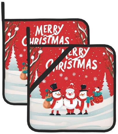 Square Heat Resistant Hot Pads Set Of 2, Thick 8x8 Inch Kitchen Trivets, Merry Xmas Pot Holders Sets, Non-Slip Pot Holders For Countertops, Oven, Bbq & Microwave With Hanging Loop & Storage Pocket