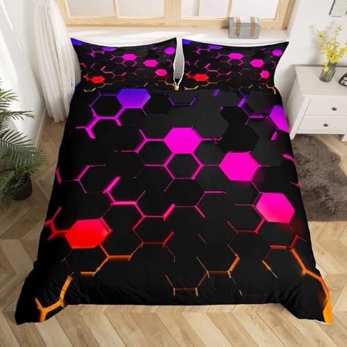 Manfei 3D Geometric Pattern Duvet Cover Set Double Size, Colorful Honeycomb Bedding Set 3pcs for Boys Girls, Fuchsia Ombre Quilt Covers Room Decor for Women,2 Pillowcases, No Comforter