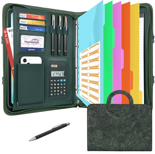 Leathario Cartella Portadocumenti A4 in pelle vegana, con Maniglia, Quaderno, Portadocumenti con Portablocco Raccoglitore ad Anelli, Protezioni per Fogli per Colloqui, Viaggi, Riunioni
