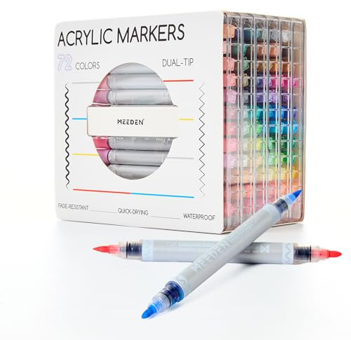 MEEDEN Artist Acrylic Paint Markers: 72 Colors Dual Tip Acrylic Marker with Brush & Round Tip - Waterproof Paint Pens Markers with Automatic Ink Control for Wood, Canvas, Glass, Rock, DIY, Ceramic