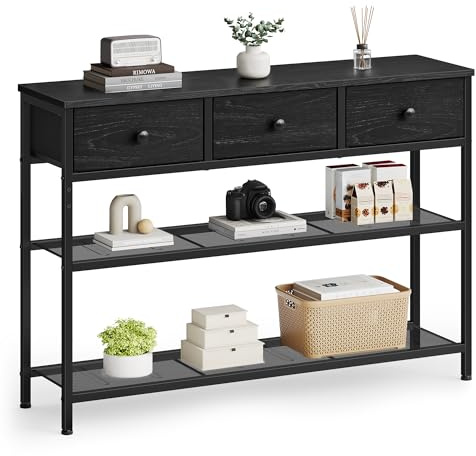 SONGMICS BELLAH Kollektion - Konsolentisch, Sofatisch schmal, Beistelltisch mit 2 Gitterablagen, Wohnzimmer, Eingangsbereich, Flur, 30 x 98,8 x 78,7 cm, 3 Stoffschubladen, ebenholzschwarz LGS098B201