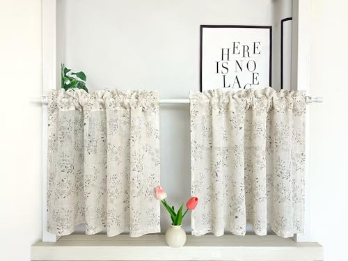 Daliena Halbtransparent Scheibengardinen Vintage Fenstergardine 2 Teilig | Naturfarben mit Stangendurchzug BxH 70x75cm, Einfach Kurzgardine Leinenoptik, Bistrogardine Blumen Landhaus Gardine 2 Stück