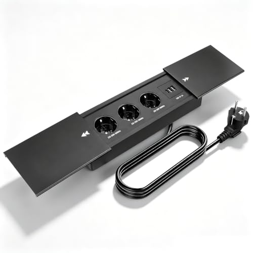 Versenkbare Steckdosenleiste mit 3 Steckdosen, 2 USB-A & 1 USB-C Port, Einbausteckdose mit Schiebedeckel, Tischsteckdose 2500W 16A, Aluminium Tischplatte Steckdose für Küche Büro Schreibtisch