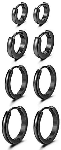 JewelryWe Schmuck 4 Paar Schmale CREOLEN, 7mm-14mm Edelstahl Glatte Ohrringe Huggie Ohr ManschetteOhrstecker mit Klapp-Verschluss für Herren Damen, Schwarz