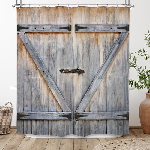 Riyidecor Lot de 12 rideaux de douche extra longs rustiques avec porte de grange rustique en bois de grange rustique en bois de grange 183 x 198 cm (l x H) - Tissu polyester imperméable - 183 x 198 cm
