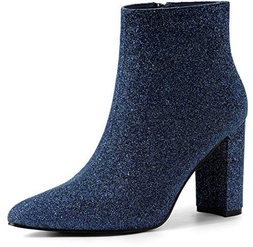 Allegra K Botines de tacón grueso con punta puntiaguda y purpurina para mujer, azul marino, 41 EU
