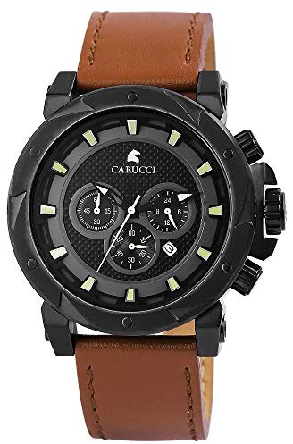 Carucci Herrenuhr Schwarz Braun Analog Chronograph Datum Edelstahl Echt-Leder Armbanduhr
