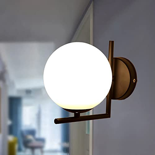 E27 modern Industrielle Wandleuchte,Retro Wandleuchten mit milchig Glaskugel (15cm),Globe Wandleuchte Geeignet Flur Wohnzimmer Nachttisch Restaurant Studie Gang Schrank Cafe Loft (Schwarz)
