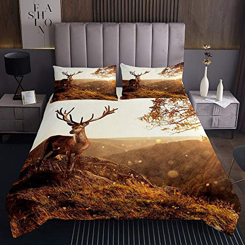 Tbrand Elchberg Tagesdecke 220x240cm Fluss Sika Hirsch Steppdecke für Kinder Jungen Mädchen Grünland Sonnenuntergang Softest Bettüberwurf Schwarz Kuscheldecke Bunte Gesteppte Decke Wohndecke 3St