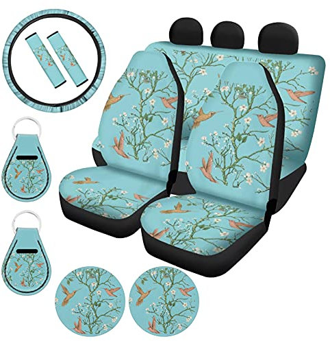 HUIACONG Autositzbezüge mit Kolibri-Motiv, türkis, für Vorder- und Rückseite, Lenkradbezug mit Pflaumenblüten, Sicherheitsgurtbezug, Untersetzer und Schlüsselanhänger, universelle Passform,