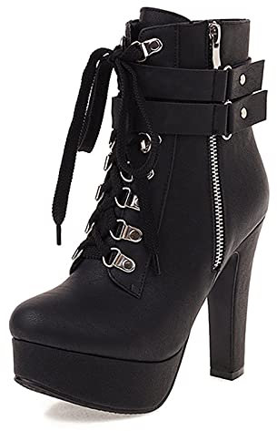 Smilice Damen Stiefeletten mit Absatz Plateau Stiefeletten mit Nieten (Schwarz 1, 42 EU)