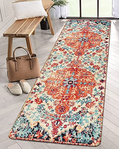 Lahome Teppichläufer im Bohemian-Stil, Blumenmuster, Medaillon, orientalisch, Used-Look, Flur, Vintage, waschbar, rutschfest, weich, niedriger Flor, Innenmatte für Eingangsbereich, Nachttisch,