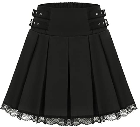 Damen Röcke Sommer Faltenrock Mini Rock Steampunk Schulmädchen-Stil 2XL Schwarz und Spitzenbesatz