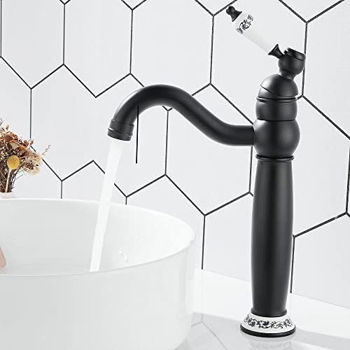 Maynosi vittoriano bagno lavabo rubinetto, Rubinetti del lavandino alto retrò per il controsoffitto, Rubinetti classici con leva in ceramica, Beccuccio girevole a 360 gradi, Ottone (Nero opaco)