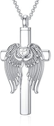 ROMANTICWORK Engelsflügel Kreuz Urne Kette Sterling Silber Urne Halskette für Asche Feuerbestattung Anhänger Memorial Andenken Schmuck Geschenke für Damen
