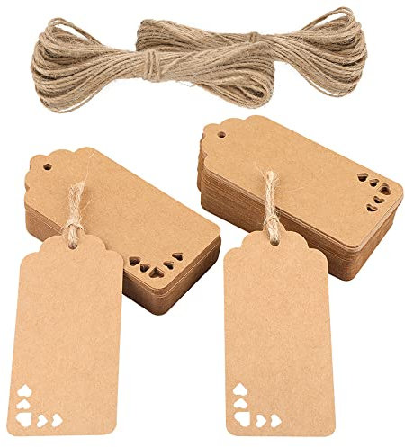 jijAcraft 100 Stück Geschenkanhänger Hochzeit, Braun Anhänger Kraftpapier Etiketten 9,5 x 4,5 CM, Anhängeetiketten mit Juteschnur, für Valentinstag, Hochzeit, Taufe, Weihnachten Geschenkverpackung